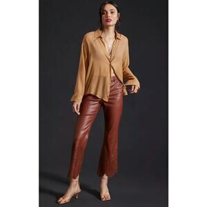 Anthropologie Womens Laser-Cut Faux Crop Tan High Rise Faux Leather Trousers 12